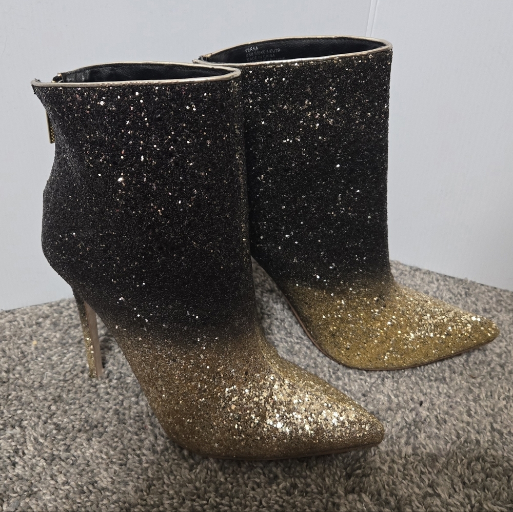 Black & Gold Glitter Sparkly Heeled Boots, Side Zip, Size 8.5, New Without Tags